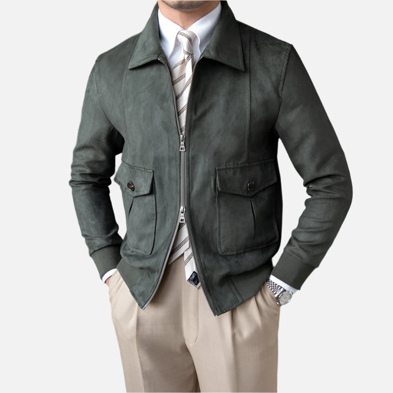 Green Old Money Suede Bomber Jacket