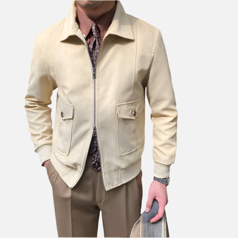 Light Khaki Old Money Suede Bomber Jacket