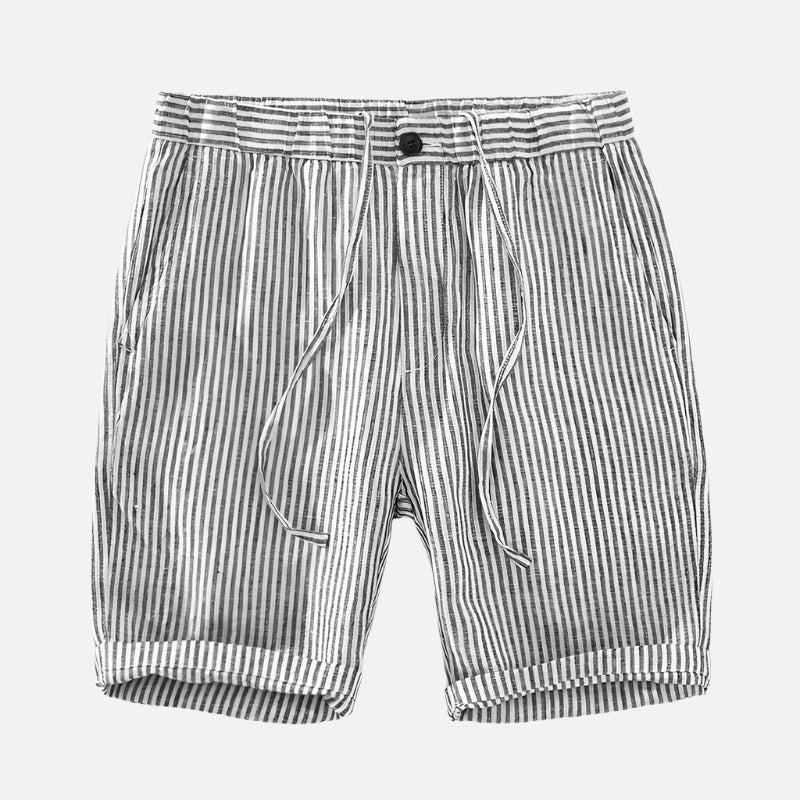 Palm Beach Striped Linen Shorts in White with Black Stripes