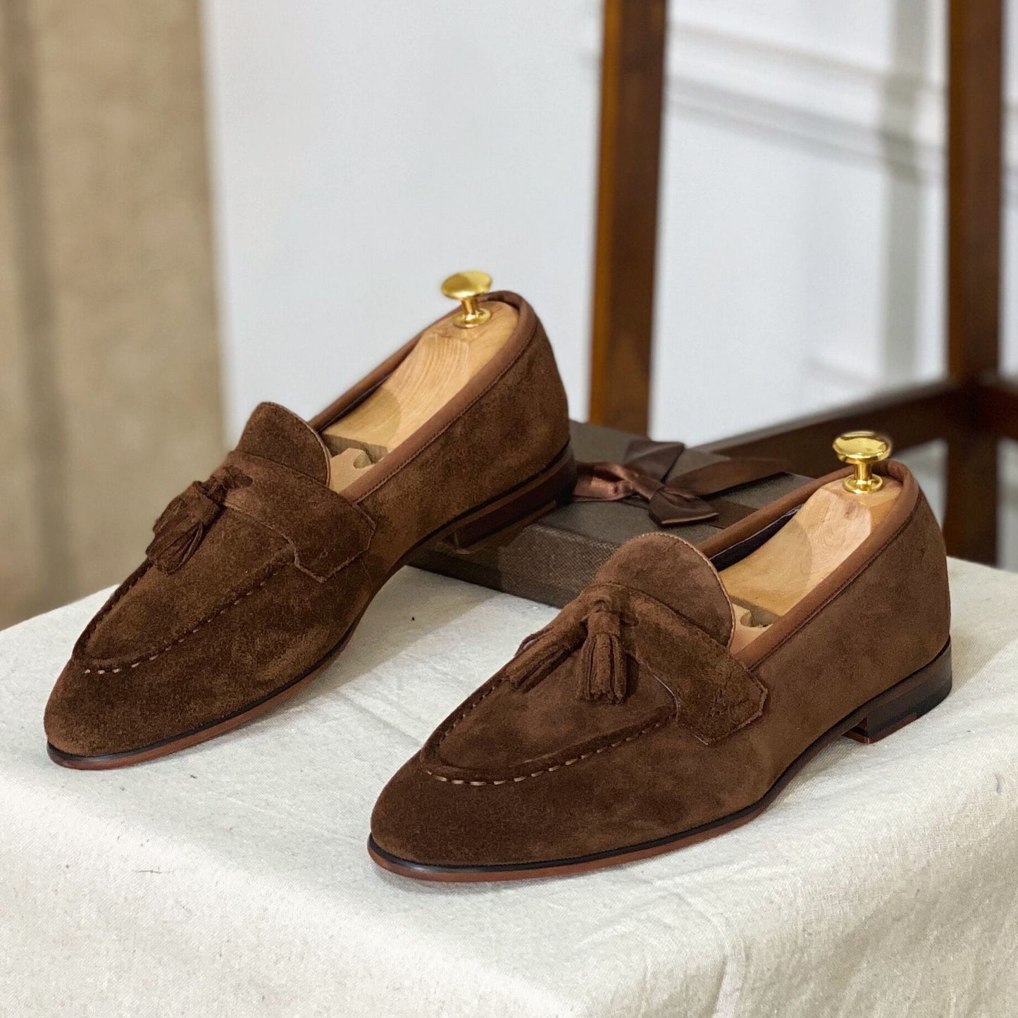 brown suede tassel loafers