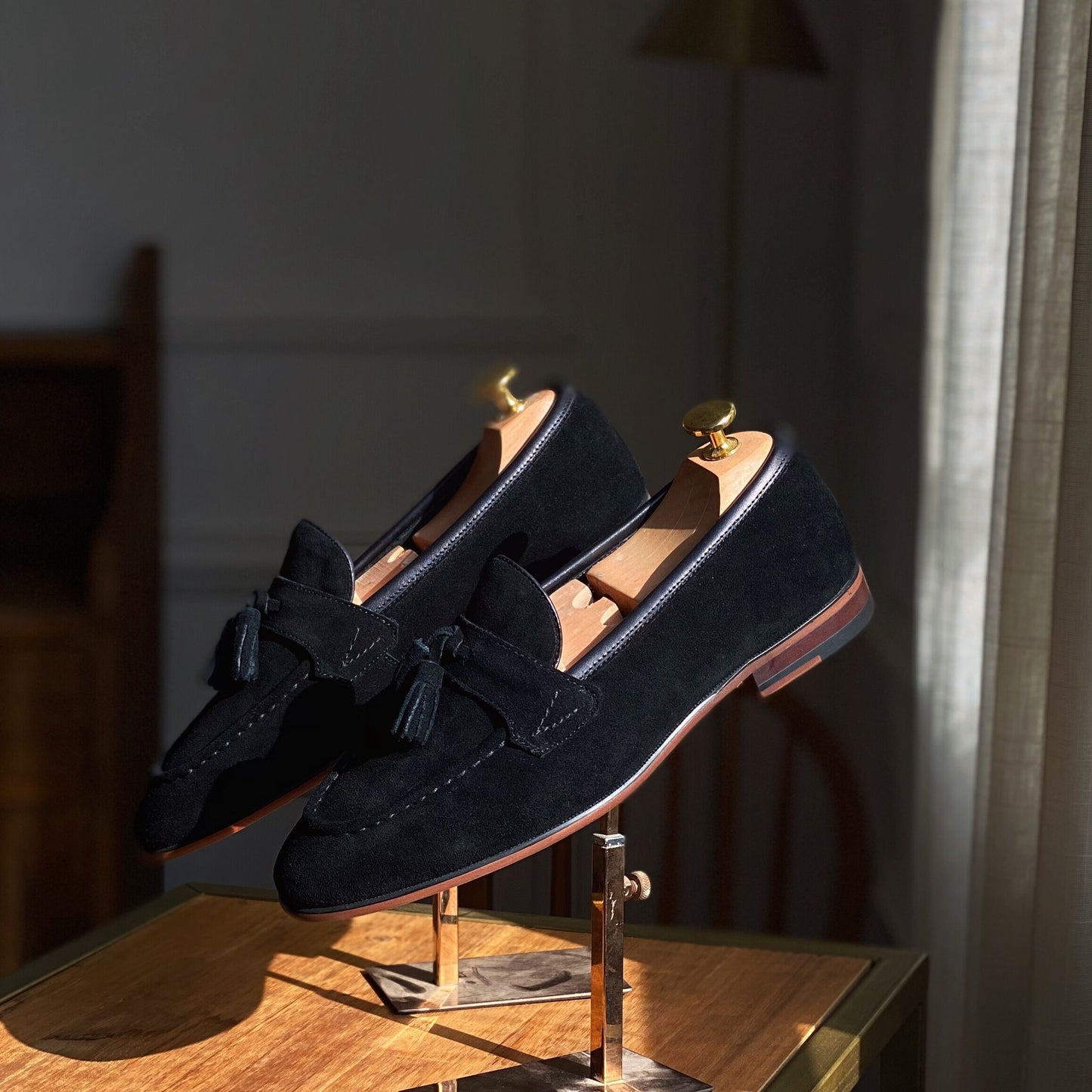 men's black suede tassel loafers